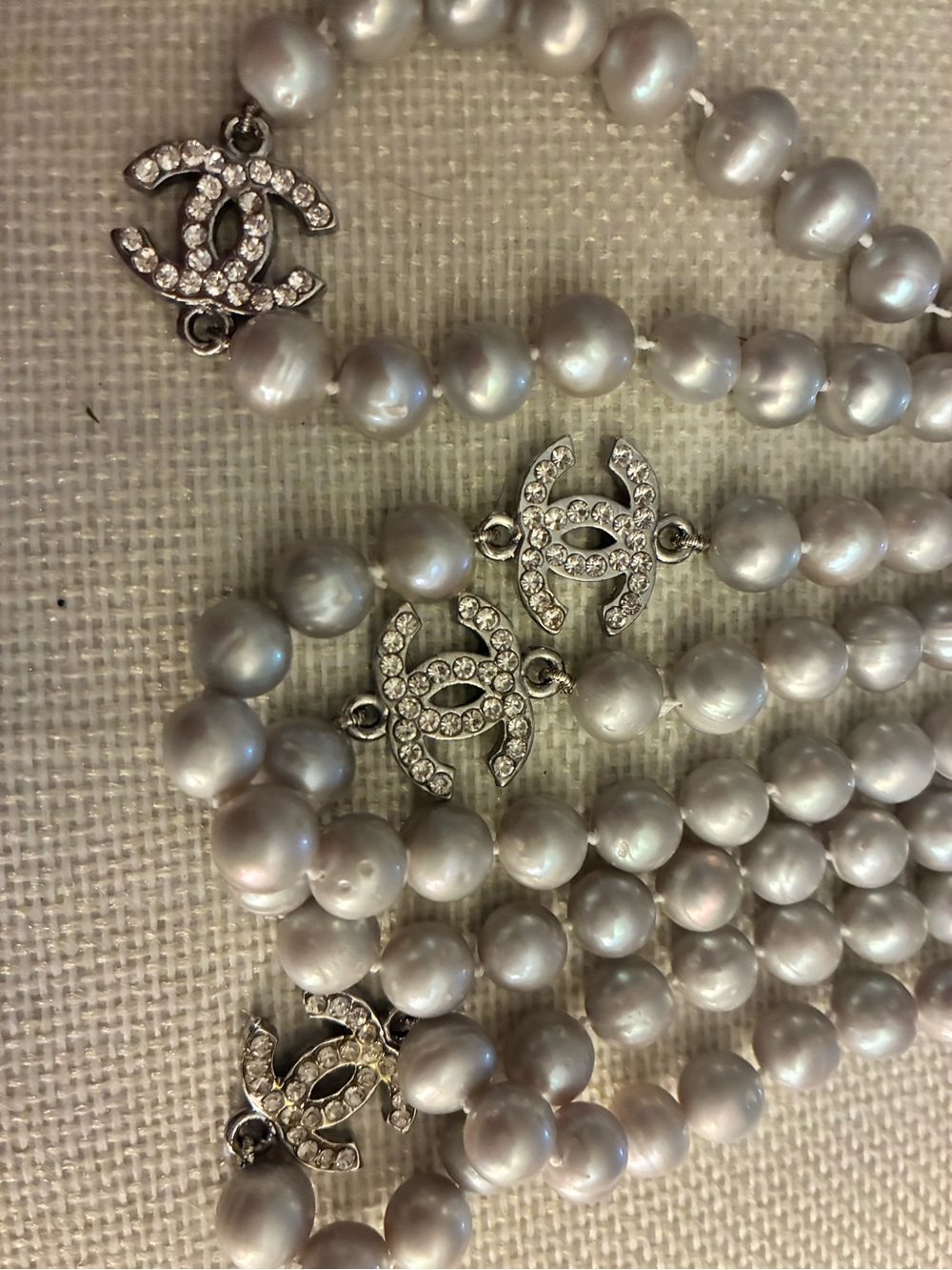 CHANEL Silver-Tone Pearl Necklace with Crystal CC Logos